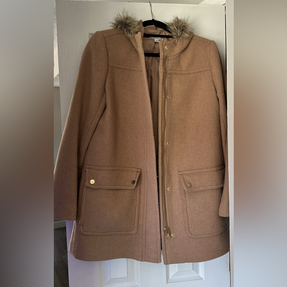 J. Crew Tan Coat with Faux Fur Hood